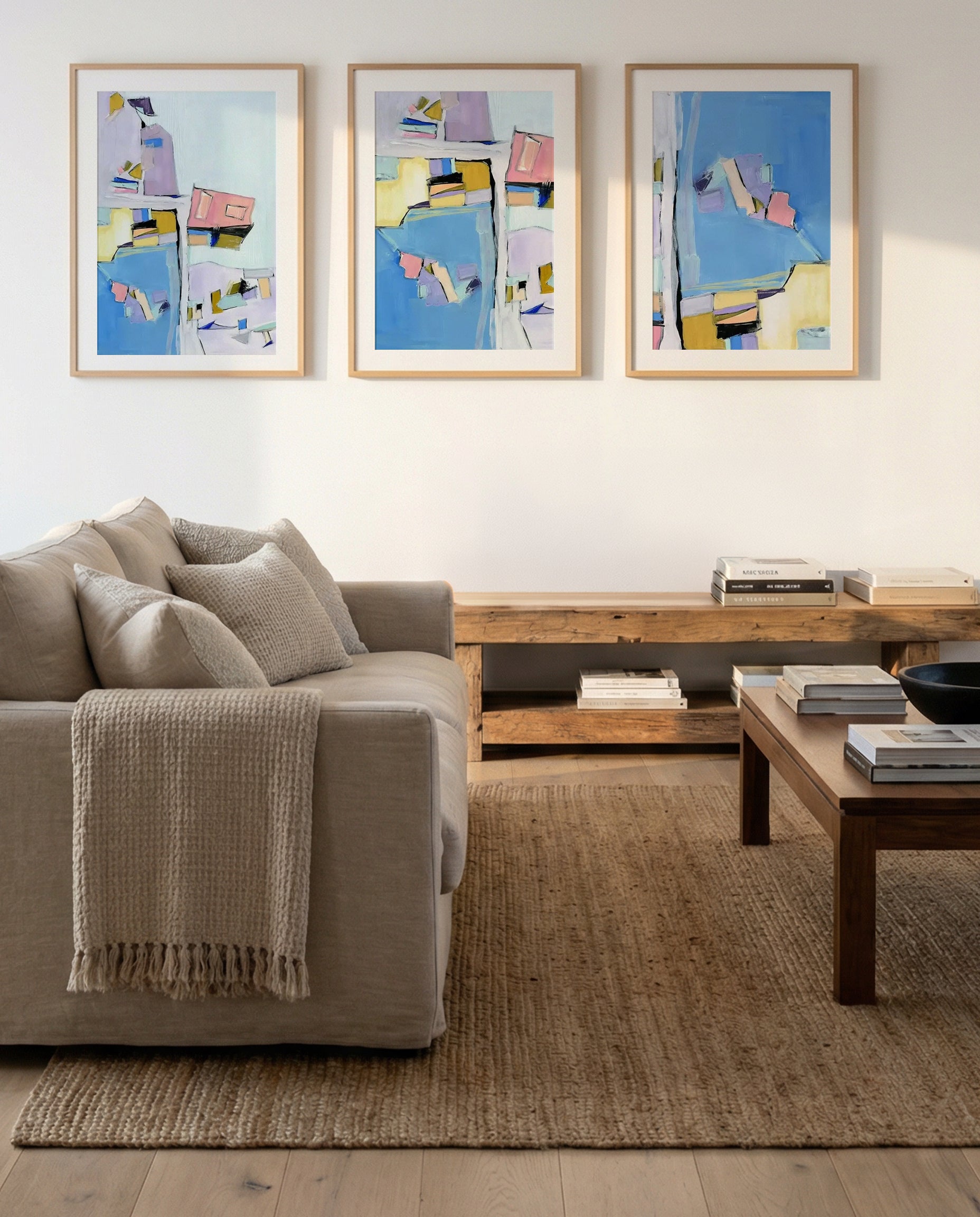 Birds Eye View I, II & III | 3 Piece Wall Art Set in Blue abstract art print oak frame with white border