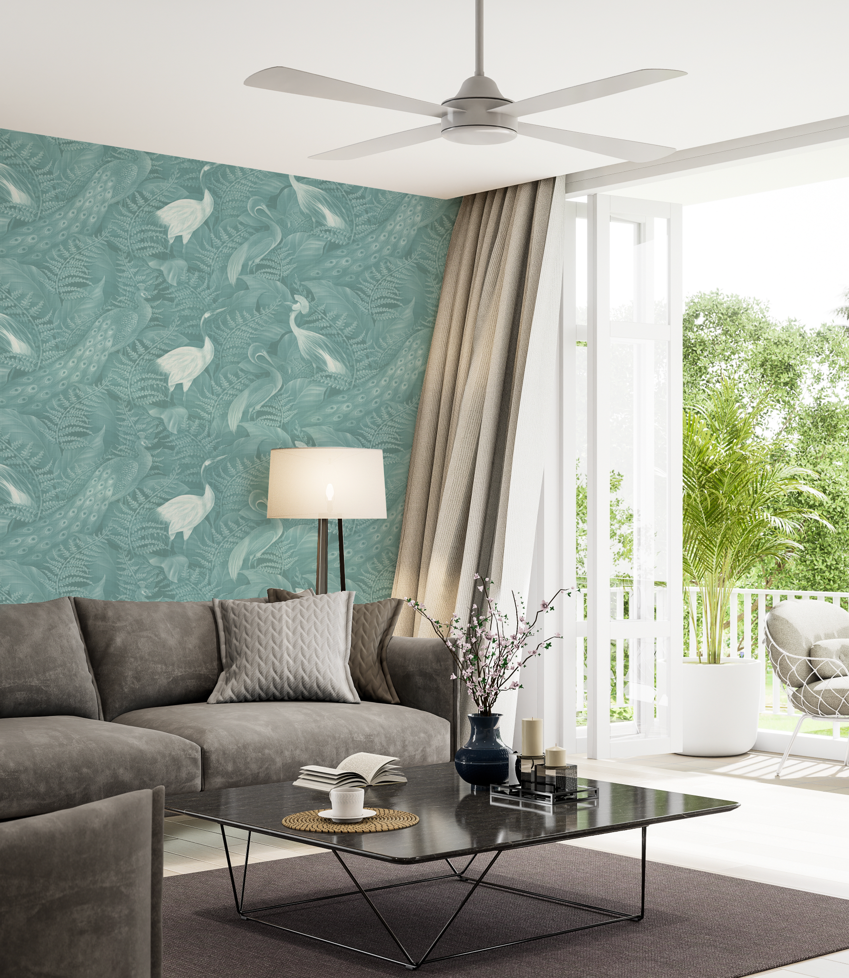 Birds of the Tropics Teal Blue Wallpaper