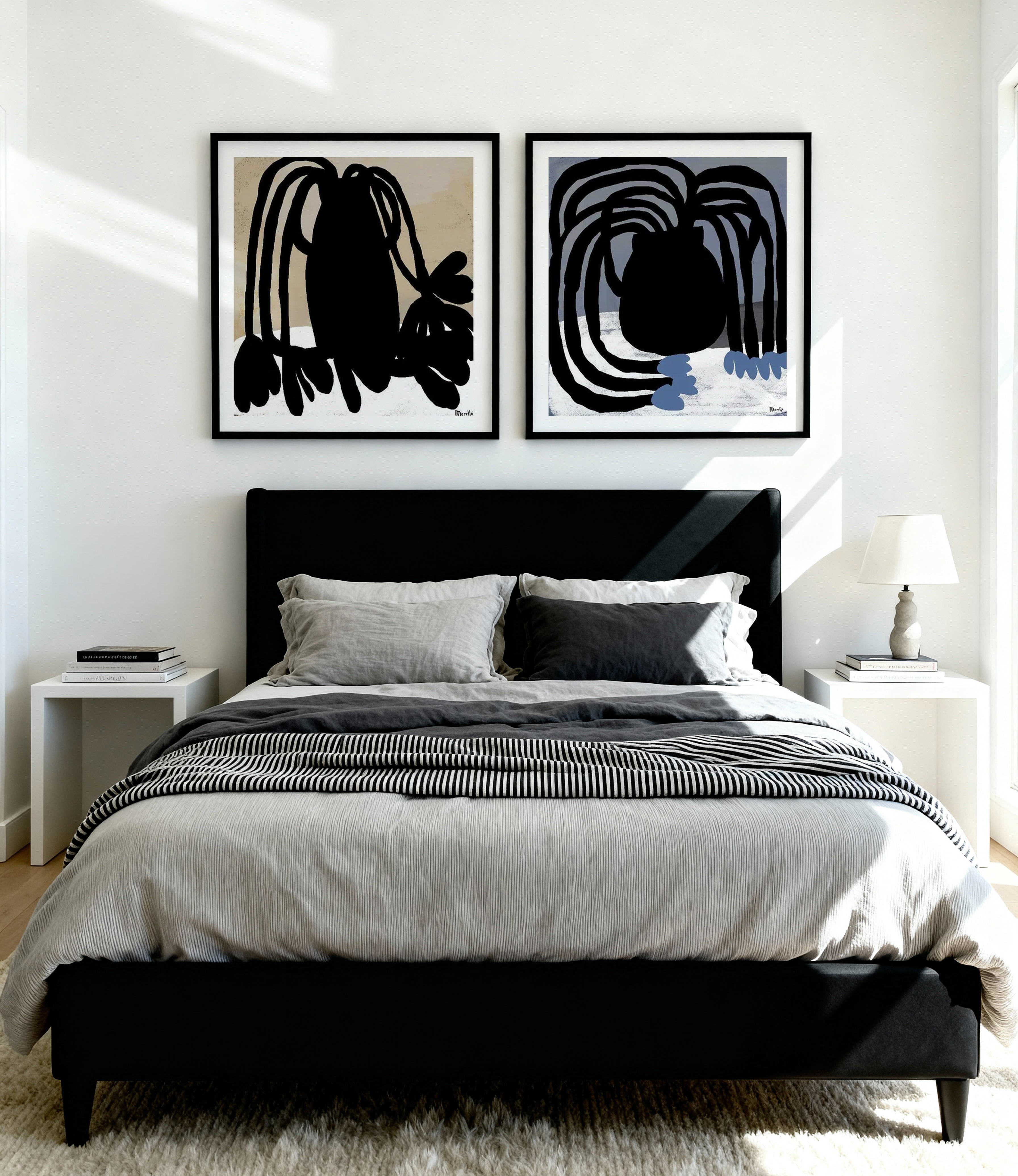 Black Plant & Blue Flowers in Black Vase by Marco Marella Art Print Set of 2 | Matching Wall Art