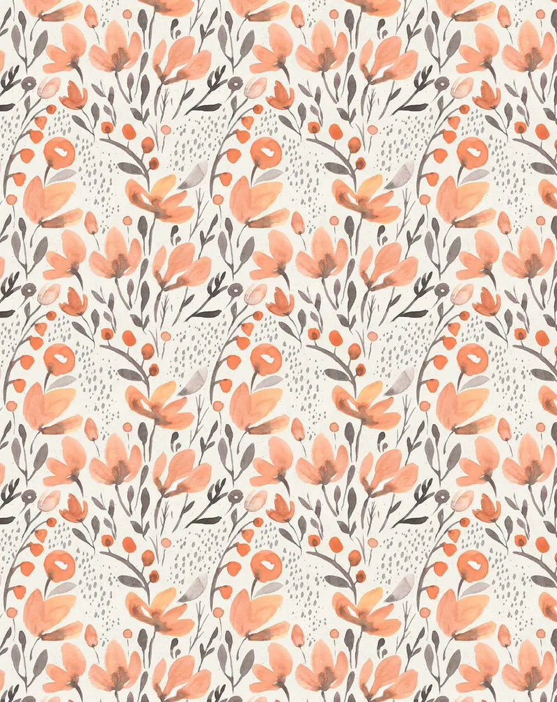 Peel and stick wallpaper featuring a repeating pattern of hand-painted flowers and foliage in warm peach, burnt orange, and charcoal grey on a cream background. The design has a loose, organic watercolour quality with visible brushstroke texture and small grey speckles throughout.