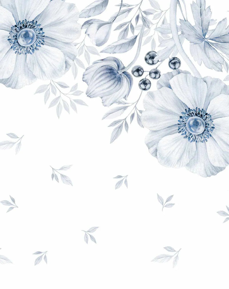 Peel and stick wallpaper featuring a repeating pattern of hand-painted blue anemone flowers and foliage in cool white and muted blue tones on a clean white background. The design includes large open anemone blooms with deep blue centers, closed flower buds, delicate leaves, and clusters of dark blue berries, all rendered with a soft watercolor texture.
