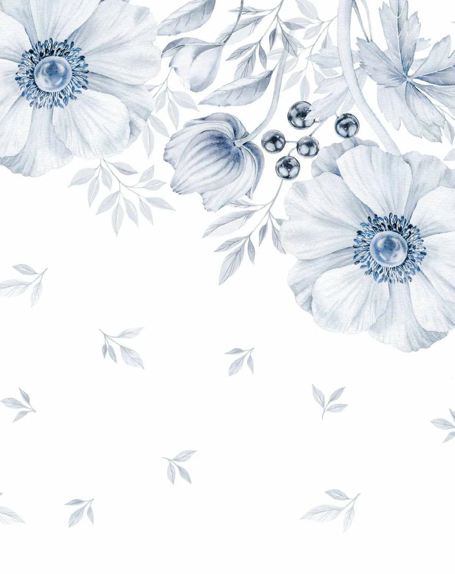 Peel and stick wallpaper featuring a repeating pattern of hand-painted blue anemone flowers and foliage in cool white and muted blue tones on a clean white background. The design includes large open anemone blooms with deep blue centers, closed flower buds, delicate leaves, and clusters of dark blue berries, all rendered with a soft watercolor texture.