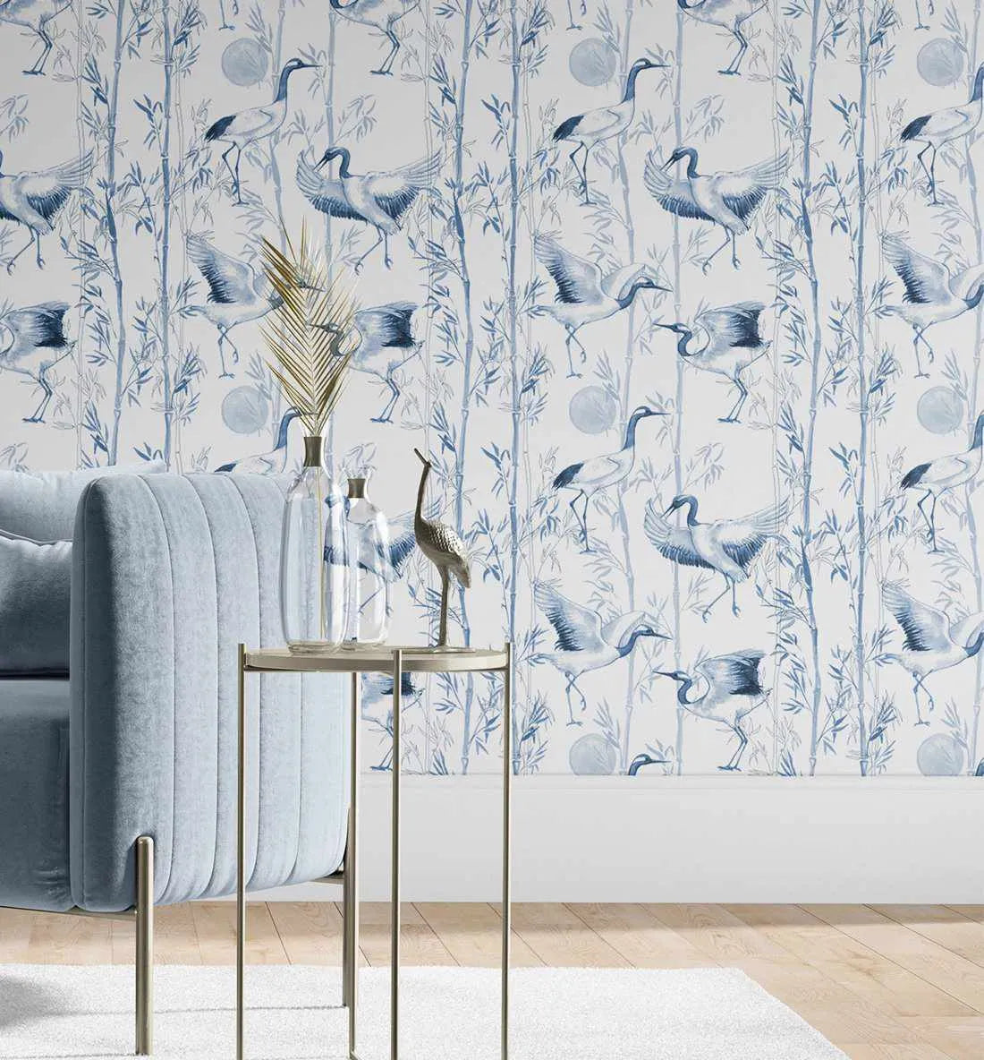 Blue Bamboo Wallpaper in Blue and Navy Blue botanical art print