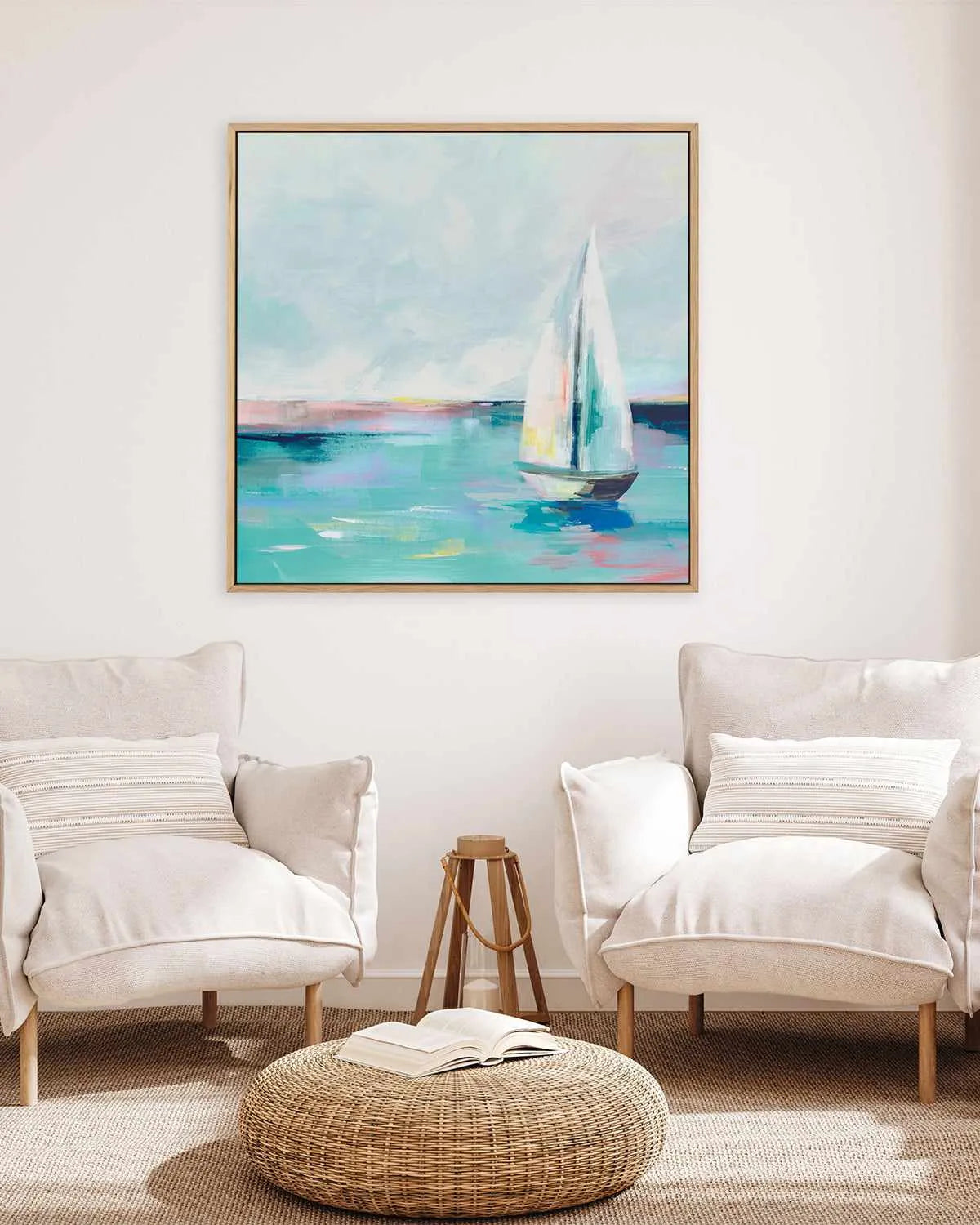 Blue Coast Sailboat | Framed Canvas Art Print from Olive et Oriel where you can shop wallpaper and artworks online