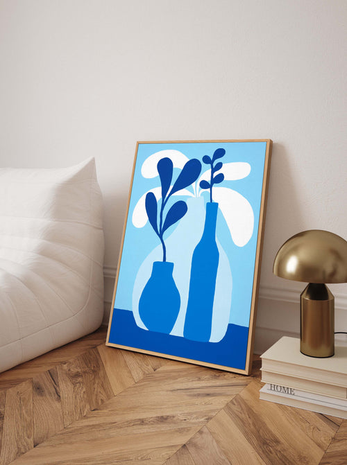 Blue Dahlias by Teena Zerefos | Framed Canvas Art Print