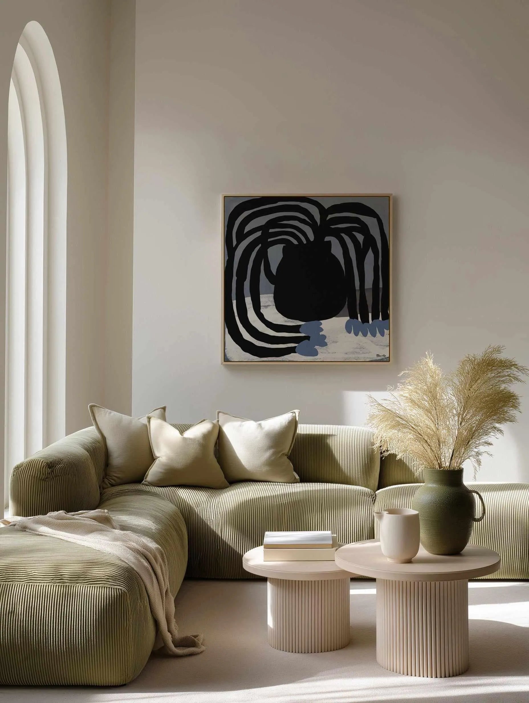 Blue Flowers in Black Vase by Marco Marella | Framed Canvas Art Print from Olive et Oriel where you can shop wallpaper and artworks online