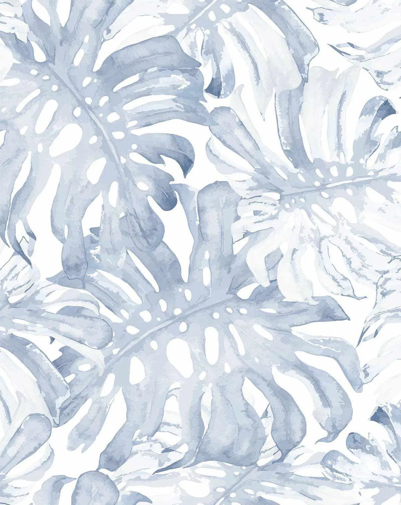 Peel and stick wallpaper featuring a repeating pattern of hand-painted monstera leaves in various shades of muted blue and pale grey on a soft white background. The botanical design has a loose, organic watercolour quality with visible brushstroke texture and natural variations in tone.
