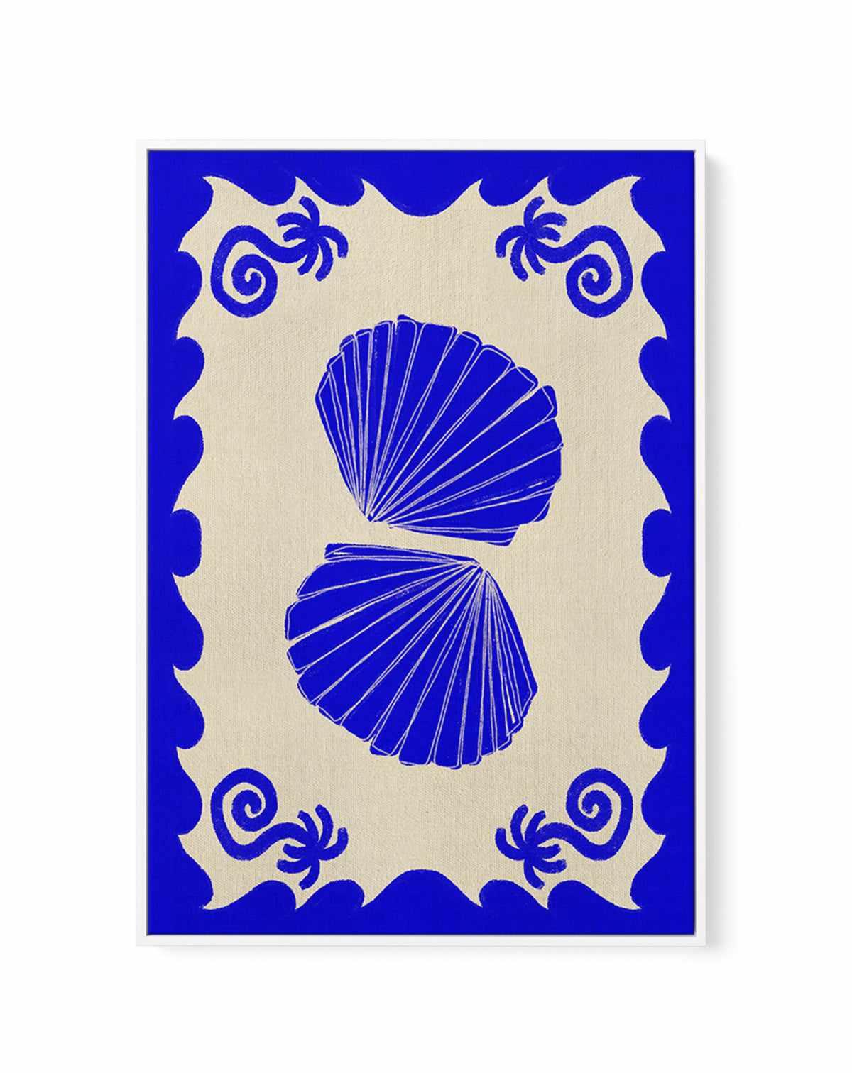 Blue Seashell Stories by Shatha Al Dafai | Framed Canvas Art Print from Olive et Oriel where you can shop wallpaper and artworks online
