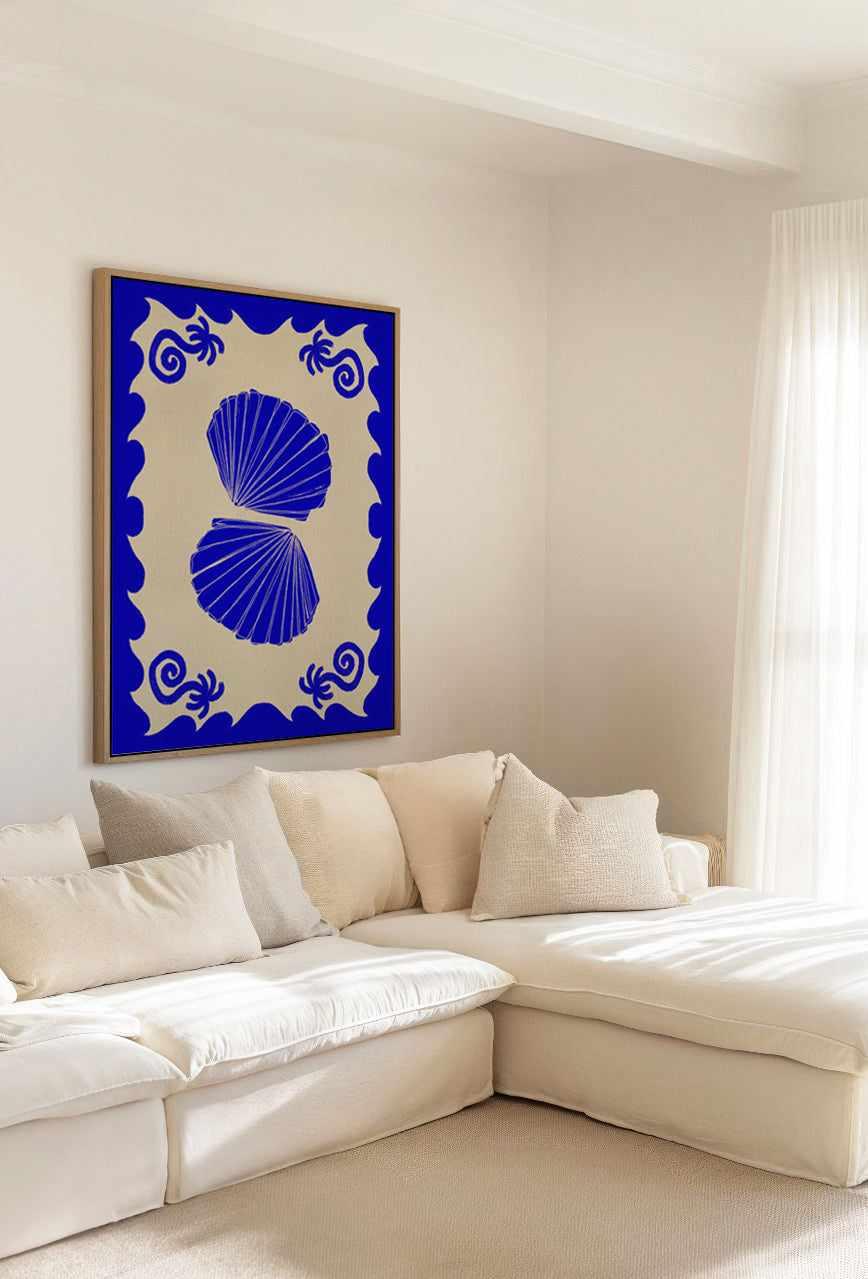 Blue Seashell Stories by Shatha Al Dafai | Framed Canvas Art Print from Olive et Oriel where you can shop wallpaper and artworks online