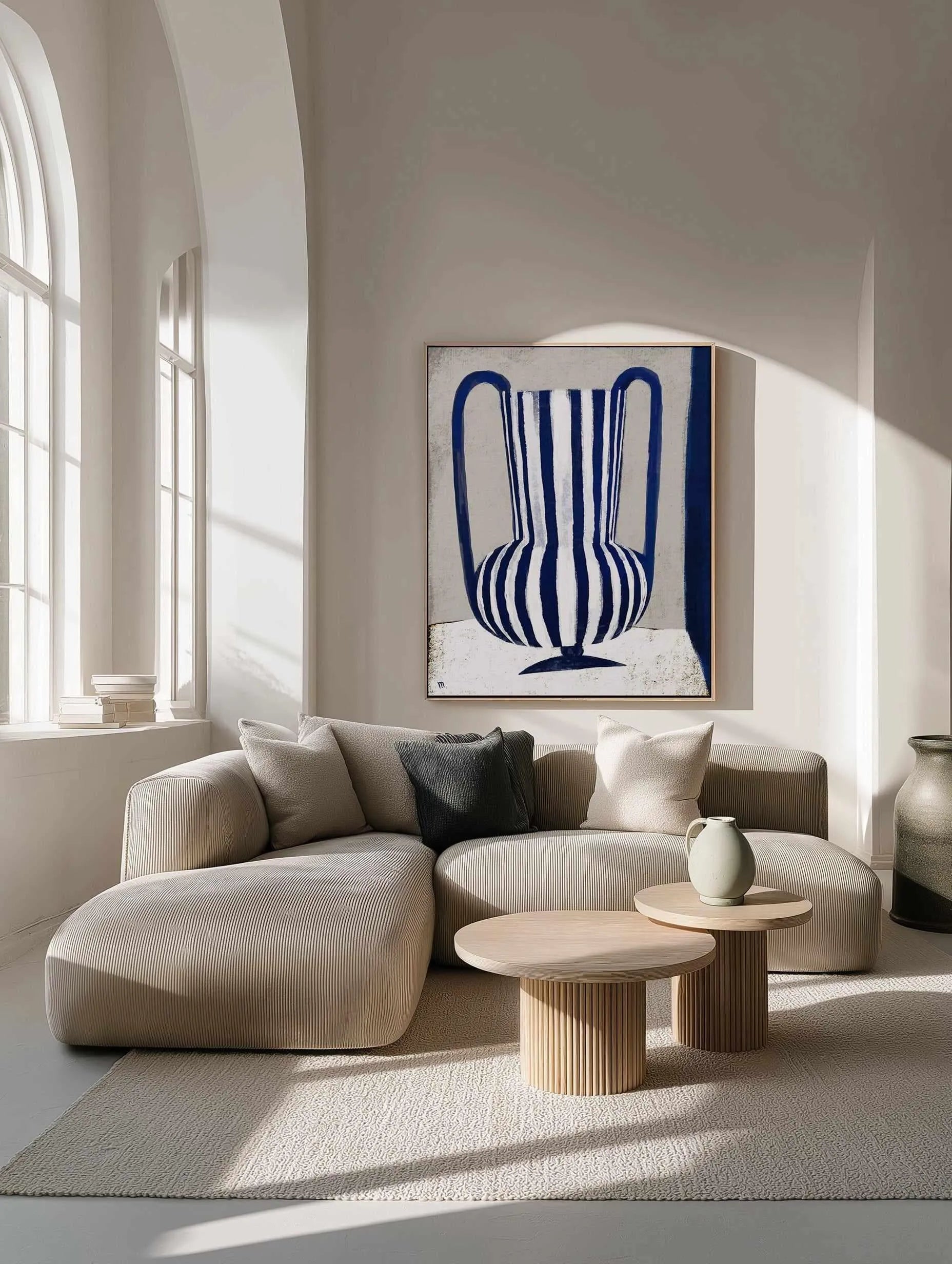 Blue Striped Vase by Marco Marella | Framed Canvas Art Print from Olive et Oriel where you can shop wallpaper and artworks online