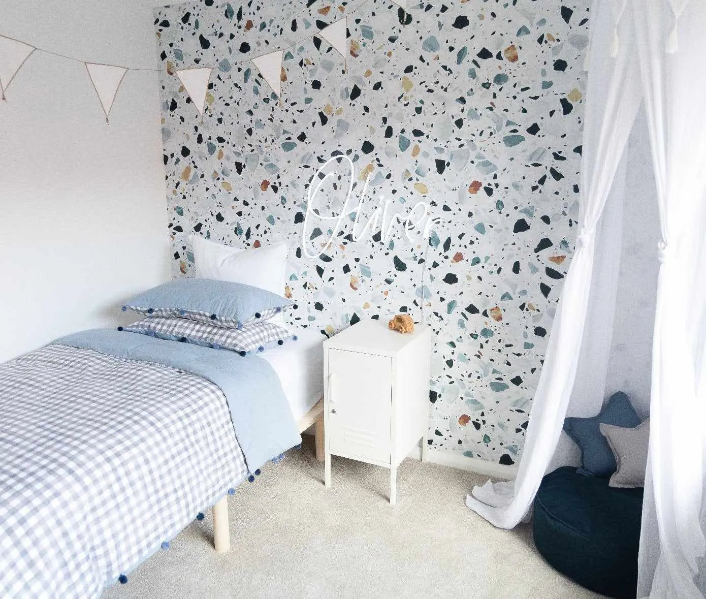 Blue Terrazzo Stone Wallpaper-Wallpaper-Buy Kids Removable Wallpaper Online Our Custom Made Children√¢‚Ç¨‚Ñ¢s Wallpapers Are A Fun Way To Decorate And Enhance Boys Bedroom Decor And Girls Bedrooms They Are An Amazing Addition To Your Kids Bedroom Walls Our Collection of Kids Wallpaper Is Sure To Transform Your Kids Rooms Interior Style From Pink Wallpaper To Dinosaur Wallpaper Even Marble Wallpapers For Teen Boys Shop Peel And Stick Wallpaper Online Today With Olive et Oriel