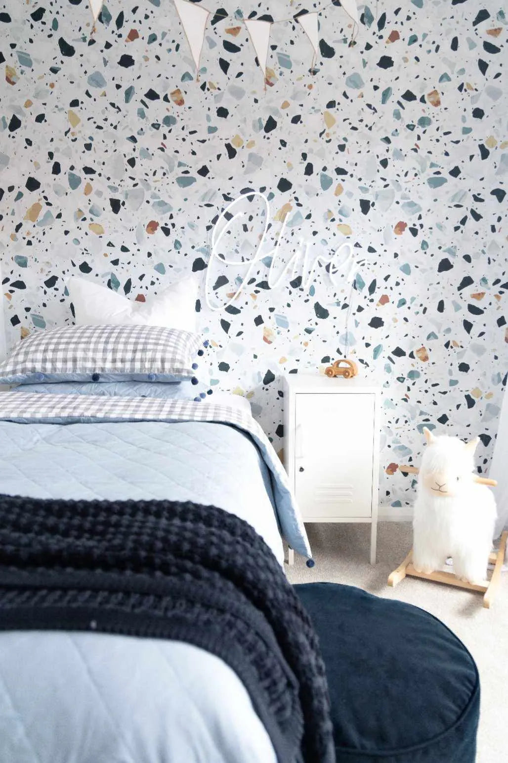 Blue Terrazzo Stone Wallpaper-Wallpaper-Buy Kids Removable Wallpaper Online Our Custom Made Children√¢‚Ç¨‚Ñ¢s Wallpapers Are A Fun Way To Decorate And Enhance Boys Bedroom Decor And Girls Bedrooms They Are An Amazing Addition To Your Kids Bedroom Walls Our Collection of Kids Wallpaper Is Sure To Transform Your Kids Rooms Interior Style From Pink Wallpaper To Dinosaur Wallpaper Even Marble Wallpapers For Teen Boys Shop Peel And Stick Wallpaper Online Today With Olive et Oriel