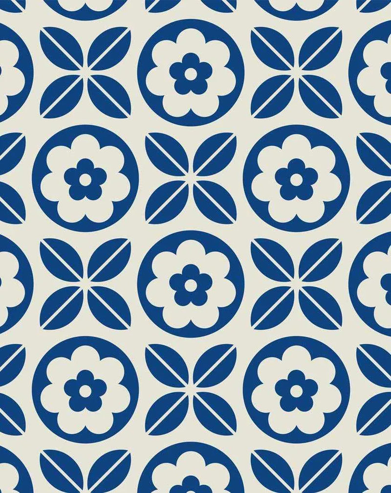 Peel and stick wallpaper featuring a repeating pattern of alternating geometric shapes in deep blue and off-white. The pattern consists of a four-petal flower in a circle and a four-leaf clover shape, creating a symmetrical and interlocking design.