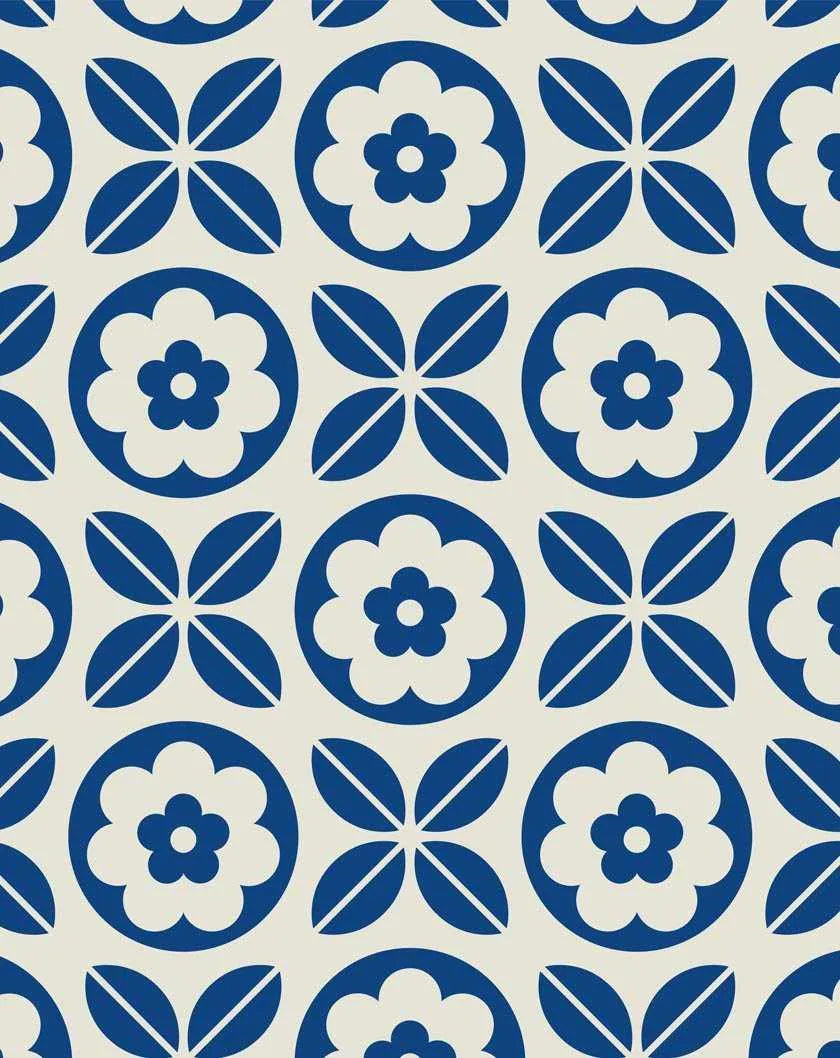 Peel and stick wallpaper featuring a repeating pattern of alternating geometric shapes in deep blue and off-white. The pattern consists of a four-petal flower in a circle and a four-leaf clover shape, creating a symmetrical and interlocking design.