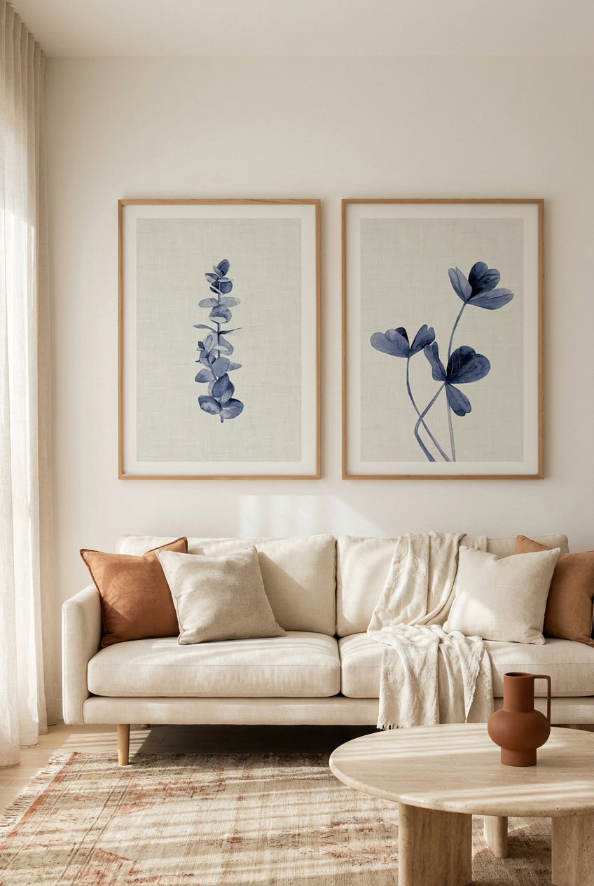 Blue Eucalyptus & Clover Navy Art Print Set of 2 | Matching Wall Art