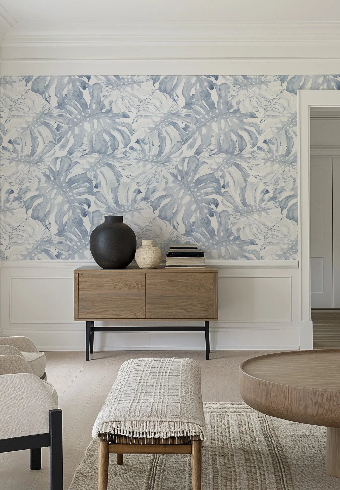 Blue Monstera Wallpaper from Olive et Oriel where you can shop wallpaper and artworks online