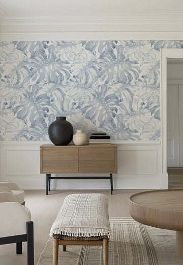 Blue Monstera wallpaper watercolour blue-grey monstera leaves overlapping on white