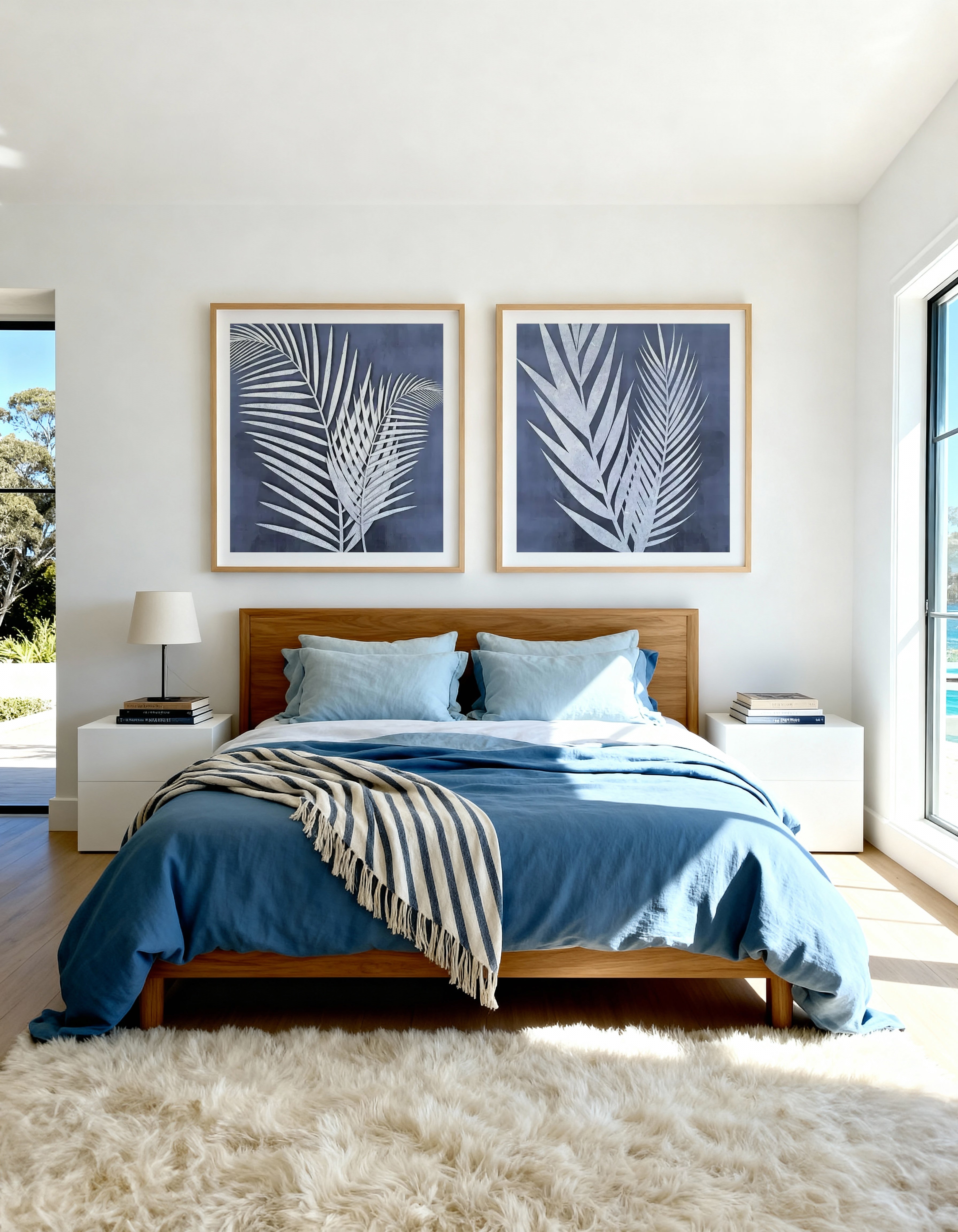 Blue Palm Leaf I & II Art Print Set of 2 | Matching Wall Art