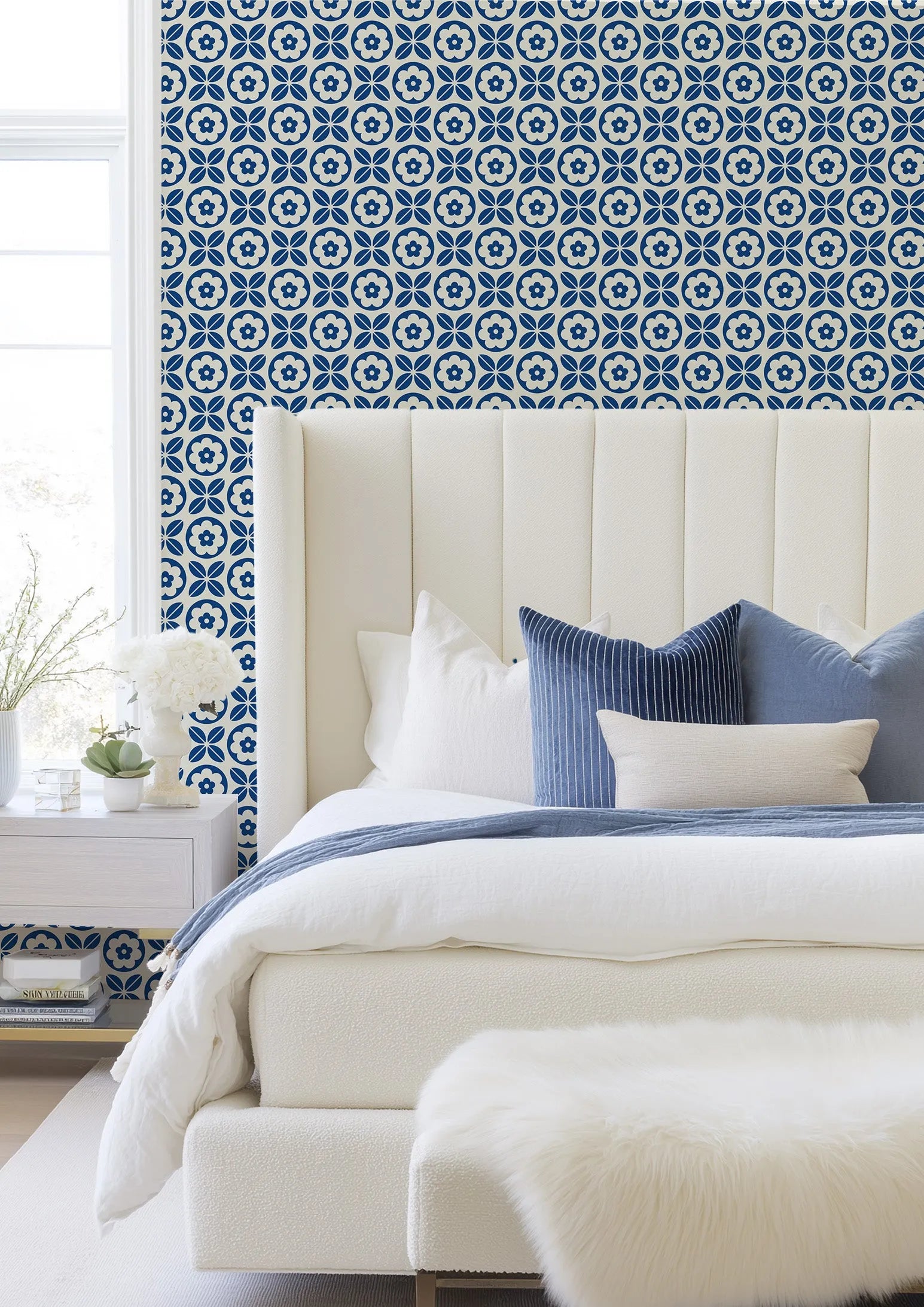 Blue Tiling Wallpaper from Olive et Oriel where you can shop wallpaper and artworks online