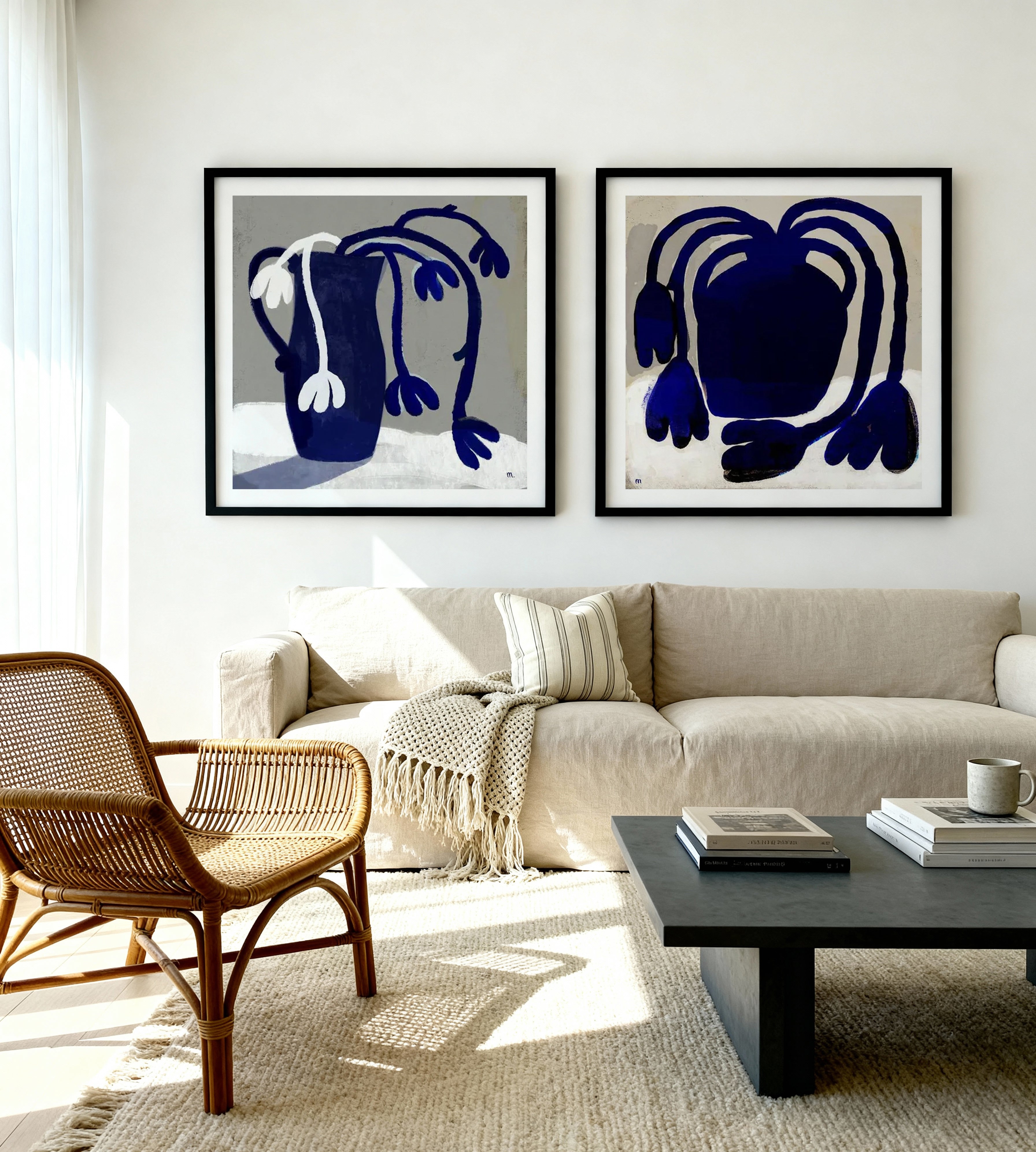 Blue Vase Interior & Blue Plant by Marco Marella Art Print Set of 2 | Matching Wall Art