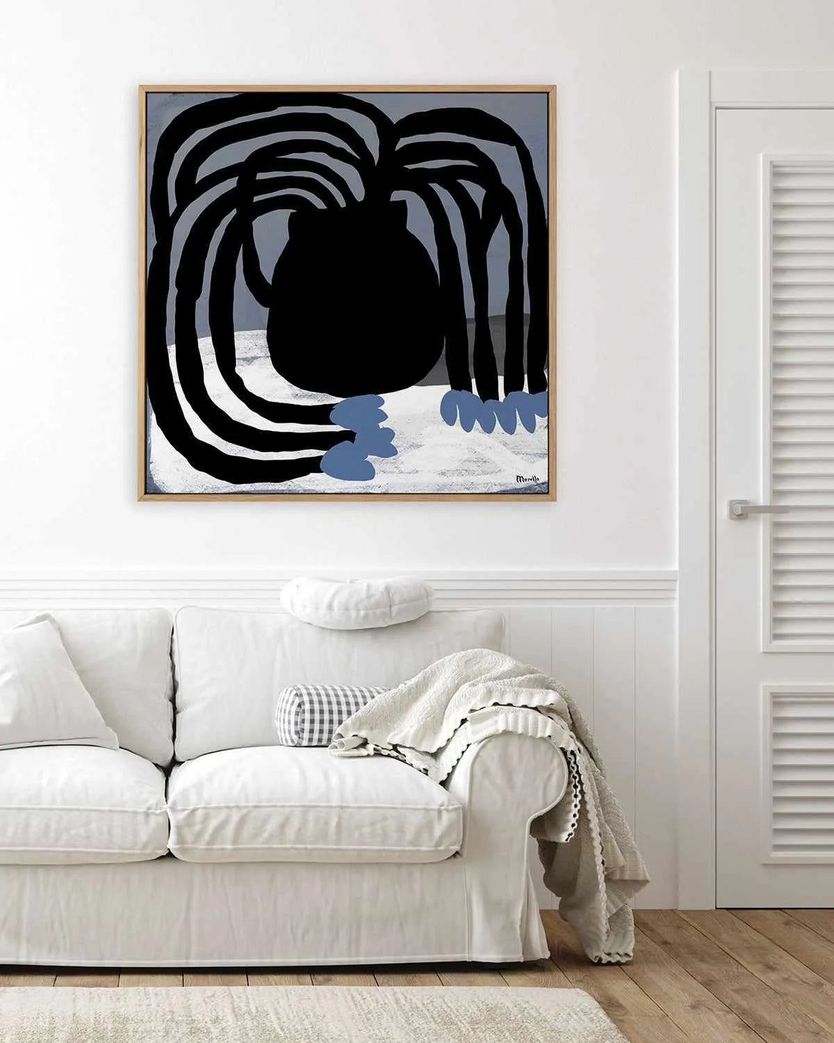 Blue Flowers in Black Vase by Marco Marella | Framed Canvas Art Print from Olive et Oriel where you can shop wallpaper and artworks online