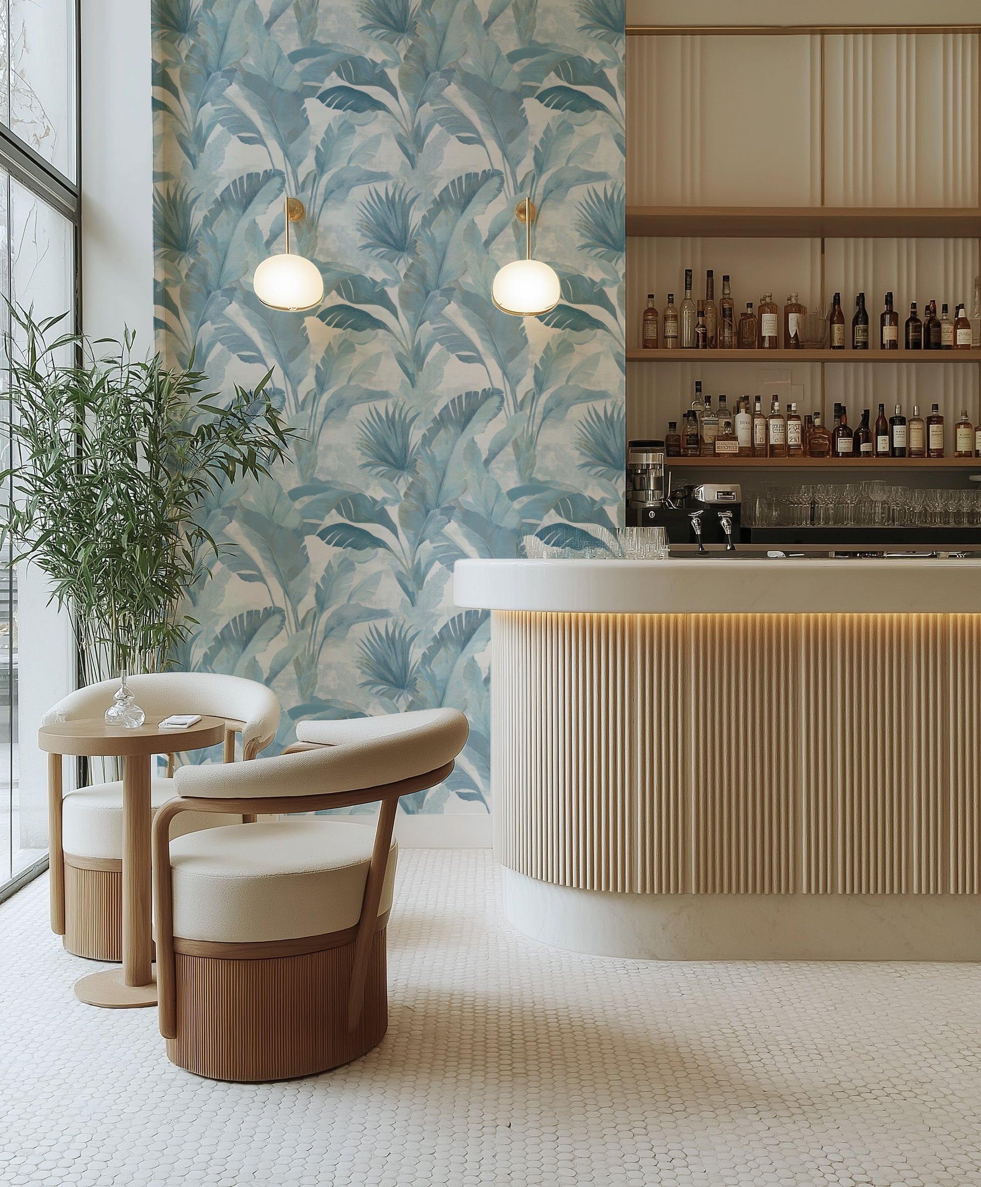 Bluewater Palm Commercial Vinyl Wallpaper from Olive et Oriel where you can shop wallpaper and artworks online