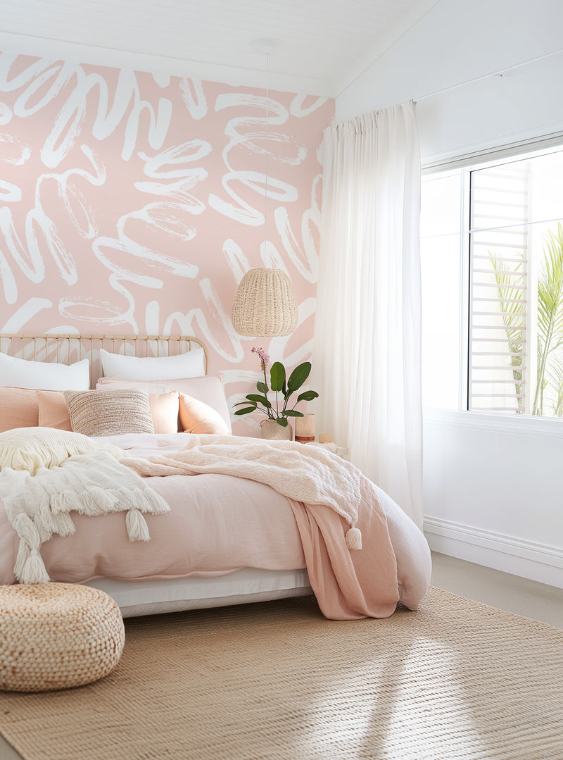 Soft blush pink wallpaper design for modern bedroom decor, perfect for creating a romantic and cozy atmosphere in any home.
