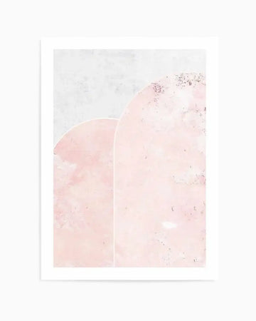Abstract art print featuring two large, rounded shapes in varying shades of blush pink and dusty rose with a textured, distressed finish, set against a light grey, textured background. The shapes have a soft, organic quality, with the rightmost shape appearing slightly larger and more prominent, and a thin white line separating the two. Printed on fine art paper with a matte finish.