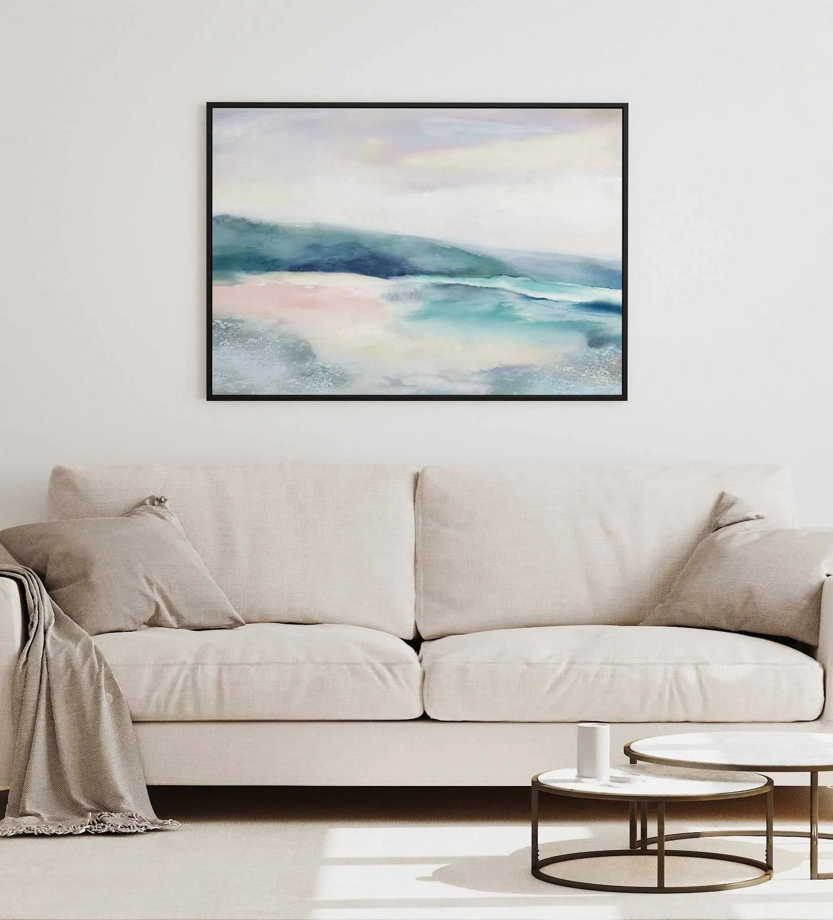 Blushing Blue Landscape | Framed Canvas Art Print from Olive et Oriel where you can shop wallpaper and artworks online