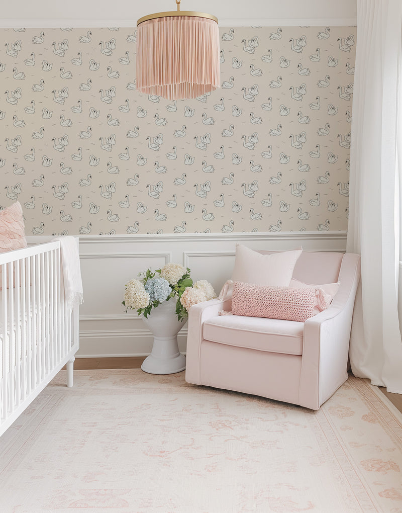 Little Swans in Beige Wallpaper from Olive et Oriel where you can shop wallpaper and artworks online