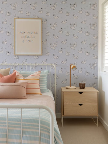 Little Swans in Periwinkle Blue Wallpaper from Olive et Oriel where you can shop wallpaper and artworks online