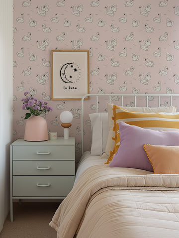 Little Swans in Pink Wallpaper from Olive et Oriel where you can shop wallpaper and artworks online