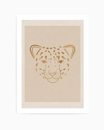 Boho art print featuring a minimalist line art illustration of a leopard's face in a warm golden brown hue on a light beige background, with a white frame and white border. The leopard's spots are depicted as small, irregular dots, and its facial features are outlined with simple, elegant lines, creating a serene and modern aesthetic.