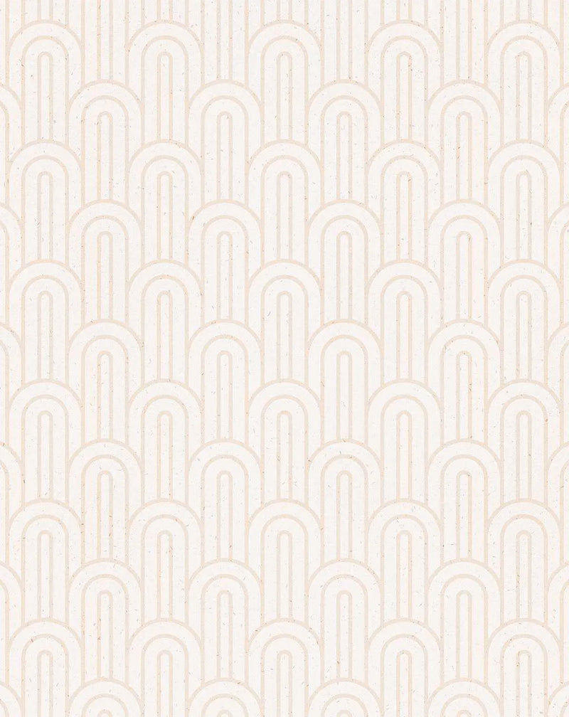 Peel and stick wallpaper featuring a repeating pattern of Art Deco-inspired arches in a subtle almond or off-white tone on a slightly lighter cream background. The design has a clean, minimalist quality with a visible fine texture resembling recycled paper or a natural fiber.
