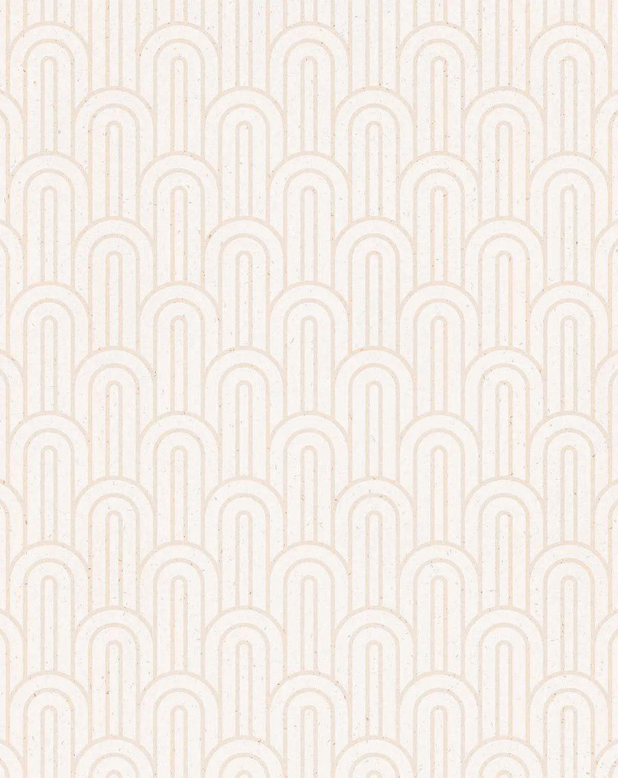 Peel and stick wallpaper featuring a repeating pattern of Art Deco-inspired arches in a subtle almond or off-white tone on a slightly lighter cream background. The design has a clean, minimalist quality with a visible fine texture resembling recycled paper or a natural fiber.