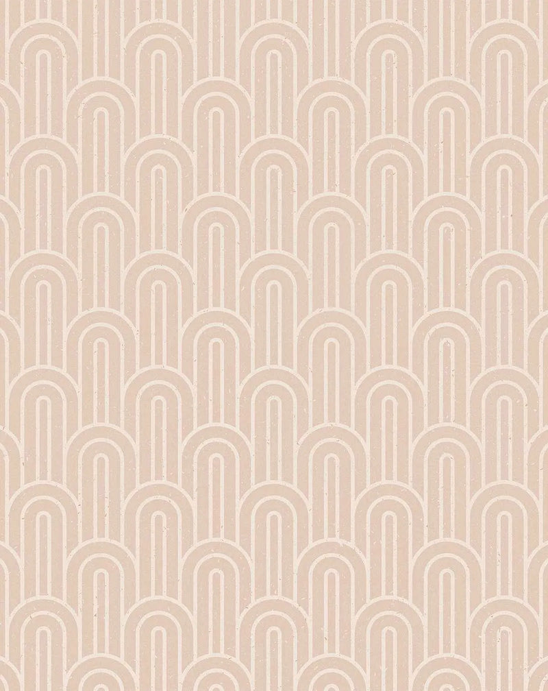 Peel and stick wallpaper featuring a repeating pattern of Art Deco-inspired arches in a light, warm latte beige against a slightly darker, muted beige background. The design has a subtle, textured finish, giving it a natural, organic feel.