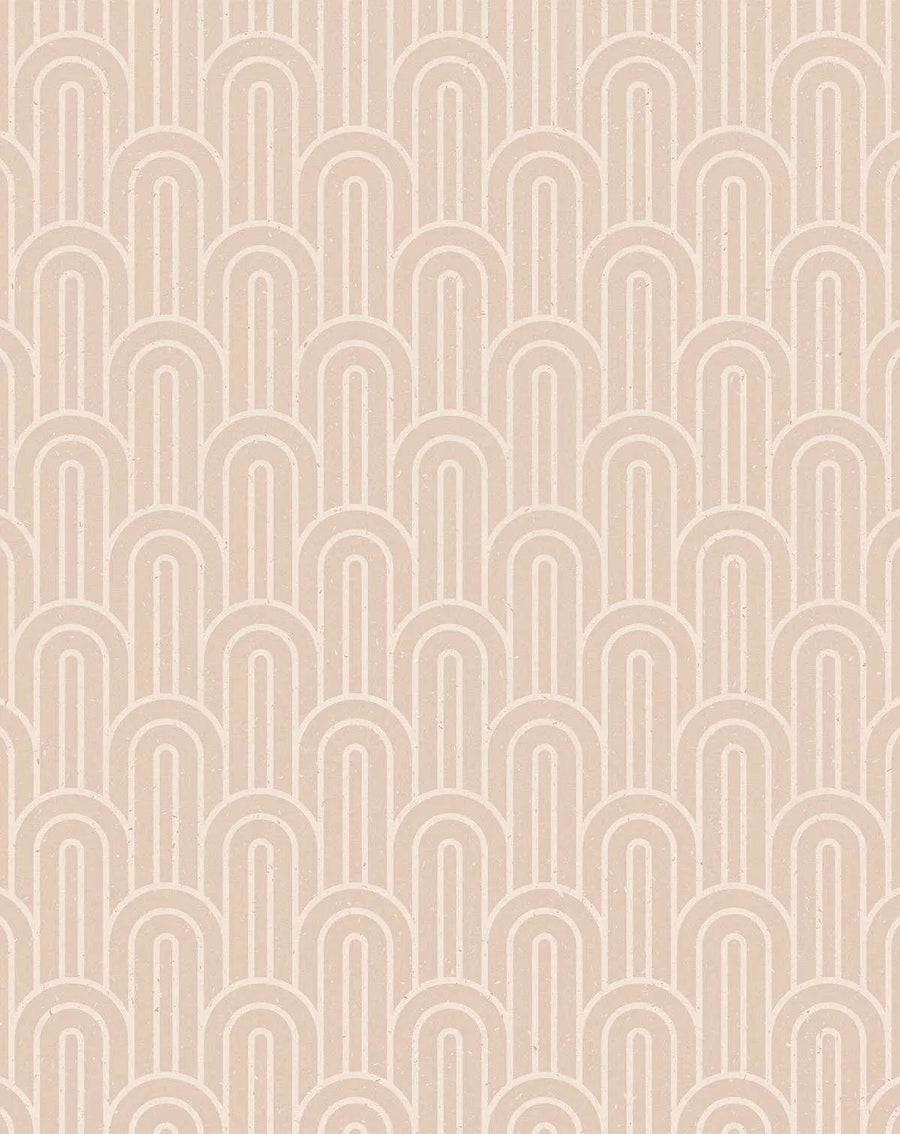 Peel and stick wallpaper featuring a repeating pattern of Art Deco-inspired arches in a light, warm latte beige against a slightly darker, muted beige background. The design has a subtle, textured finish, giving it a natural, organic feel.