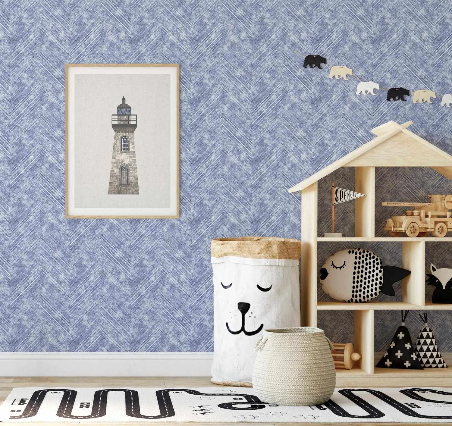 Bohemian Chevron | Denim Wallpaper-Wallpaper-Buy Kids Removable Wallpaper Online Our Custom Made Children√¢‚Ç¨‚Ñ¢s Wallpapers Are A Fun Way To Decorate And Enhance Boys Bedroom Decor And Girls Bedrooms They Are An Amazing Addition To Your Kids Bedroom Walls Our Collection of Kids Wallpaper Is Sure To Transform Your Kids Rooms Interior Style From Pink Wallpaper To Dinosaur Wallpaper Even Marble Wallpapers For Teen Boys Shop Peel And Stick Wallpaper Online Today With Olive et Oriel