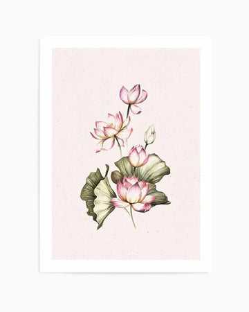 Watercolour art print featuring a vertical arrangement of pink lotus flowers and leaves on a speckled light pink background. The composition includes five open or partially open lotus blooms in shades of blush pink and cream, with dark pink accents, and three large, dark green lotus leaves with visible veins.