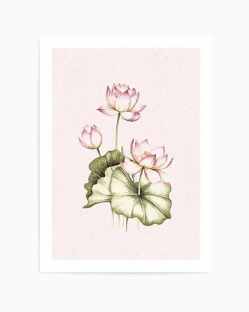 Watercolour art print featuring three pink lotus flowers and several large green lotus leaves on a pale pink background with subtle speckle texture. The composition includes one fully open lotus, one partially open, and one closed bud, all with delicate brushstroke details.