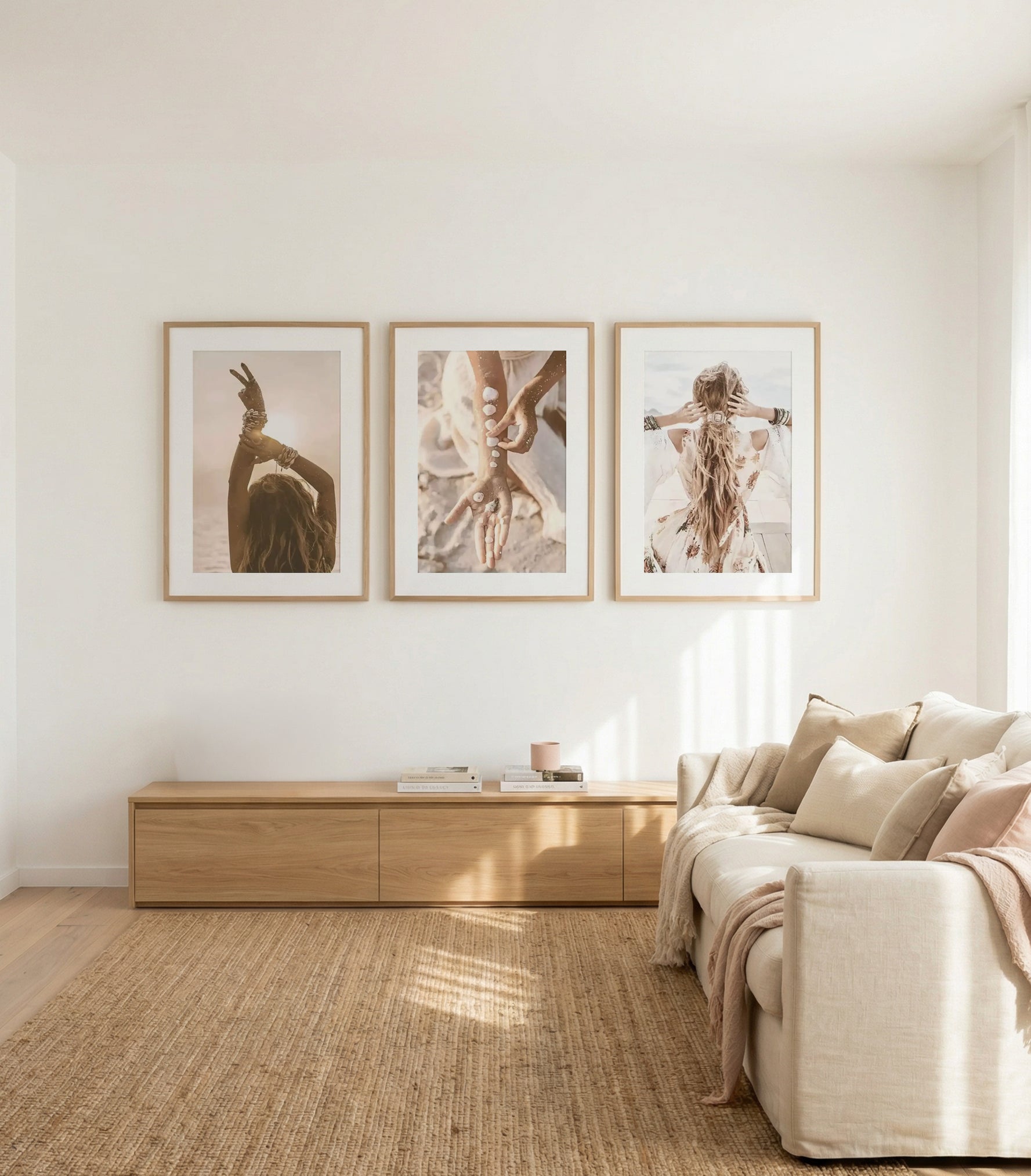 Bohemian Girl I, II & III | 3 Piece Wall Art Set in Brown coastal art print oak frame with white border