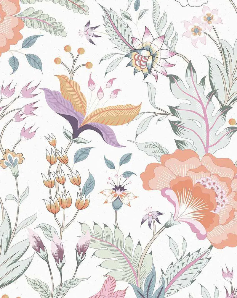 Peel and stick wallpaper featuring a repeating pattern of hand-painted Chinoiserie-style botanical motifs in a soft, muted colour palette on a white background. The design includes large peach and pink flowers, delicate pink and purple buds, slender green leaves, and small orange berry clusters, all with a detailed, illustrative quality.