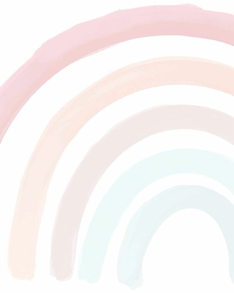 Peel and stick wallpaper featuring a hand-painted rainbow design with soft, muted pastel colours. The rainbow arches from the top left to the bottom right, with visible brushstroke texture. The colours, from top to bottom, are soft pink, pale peach, light beige, muted teal, and a lighter shade of teal.