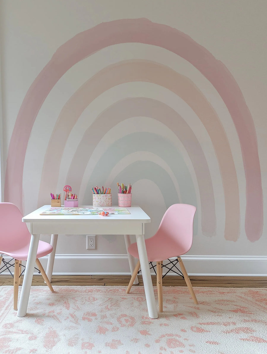 Kids Room:
"A children's play area featuring a large-scale peel and stick wallpaper mural of a boho rainbow in soft, muted tones of dusty rose, blush pink, and pale grey, painted with a watercolour effect. The mural spans the entire wall above a white rectangular table with two pink chairs. The table holds various art supplies like coloured pencils and crayons in decorative containers. A light pink and white patterned rug covers the floor."