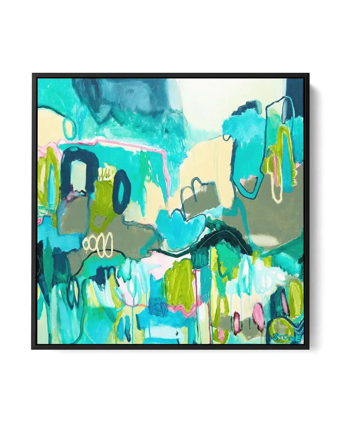Abstract canvas print featuring a vibrant composition of organic shapes and expressive brushstrokes in shades of teal, aqua, lime green, and soft yellow, with accents of dusty pink and dark grey, displayed in a black floating frame.