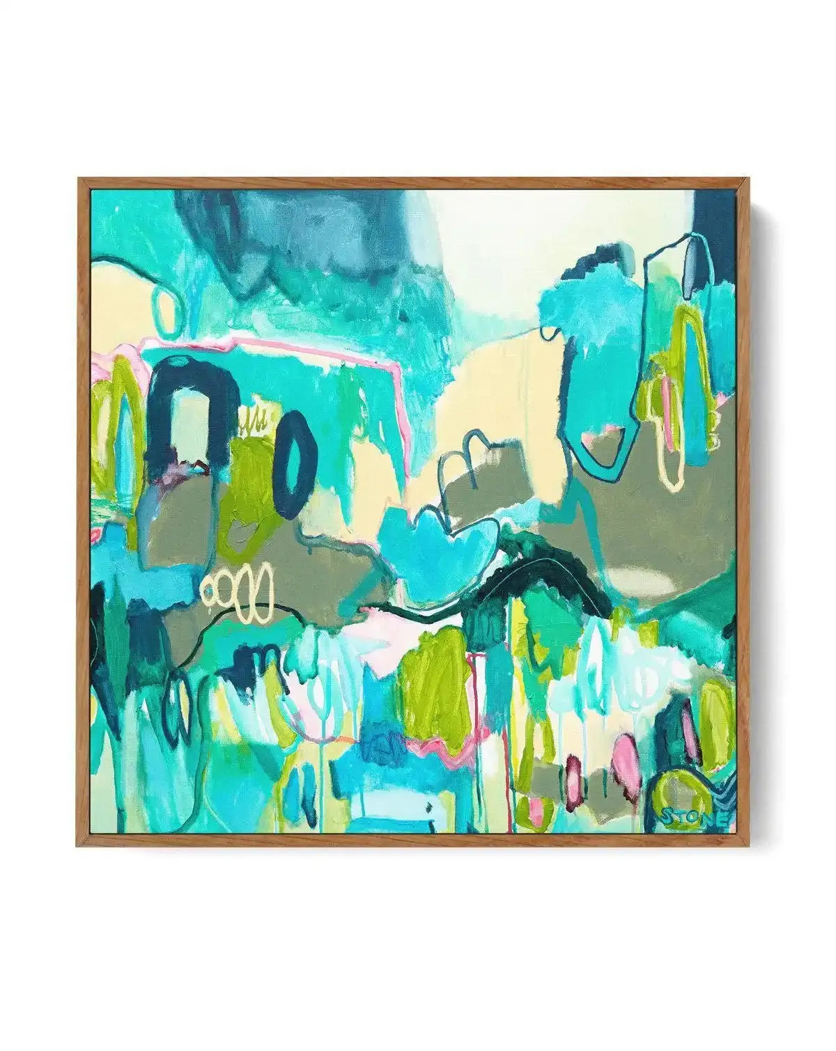 Abstract canvas print featuring a vibrant mix of turquoise, teal, lime green, and pale yellow with accents of soft pink and dark grey. The composition includes bold, gestural brushstrokes and organic shapes, suggestive of a lively, energetic landscape, displayed in a natural oak frame.