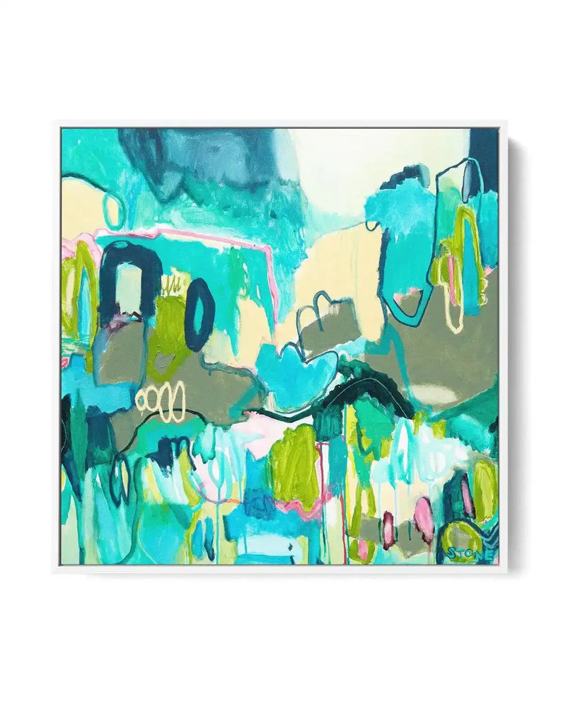 Abstract canvas print featuring a vibrant and energetic composition of organic shapes and expressive brushstrokes in shades of teal, aqua, lime green, olive green, pale yellow, and hints of soft pink. The artwork has a layered quality with visible brushstroke texture, suggesting a dynamic landscape or underwater scene, displayed in a thin white frame.