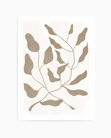Botanical art print featuring abstract organic leaf shapes in a warm bronze-brown tone with thin, delicate stems on a soft cream background. The composition shows two intertwined branches with leaves of varying sizes and shapes, creating a minimalist and fluid design.