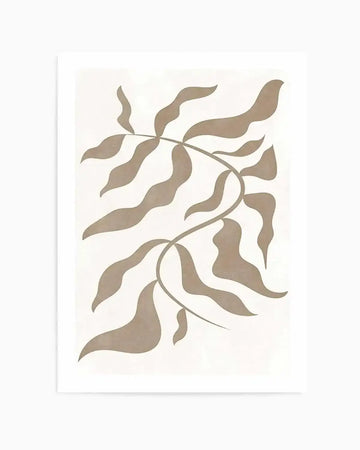 Botanica II art print featuring minimalist botanical illustration in muted bronze and tan tones on a cream background. The design depicts three stylized branches with curved, elongated leaves arranged in a loose, organic composition. The illustration uses soft watercolor-like rendering with gentle gradients. The print is mounted in a white frame with white border, displayed against a plain background.