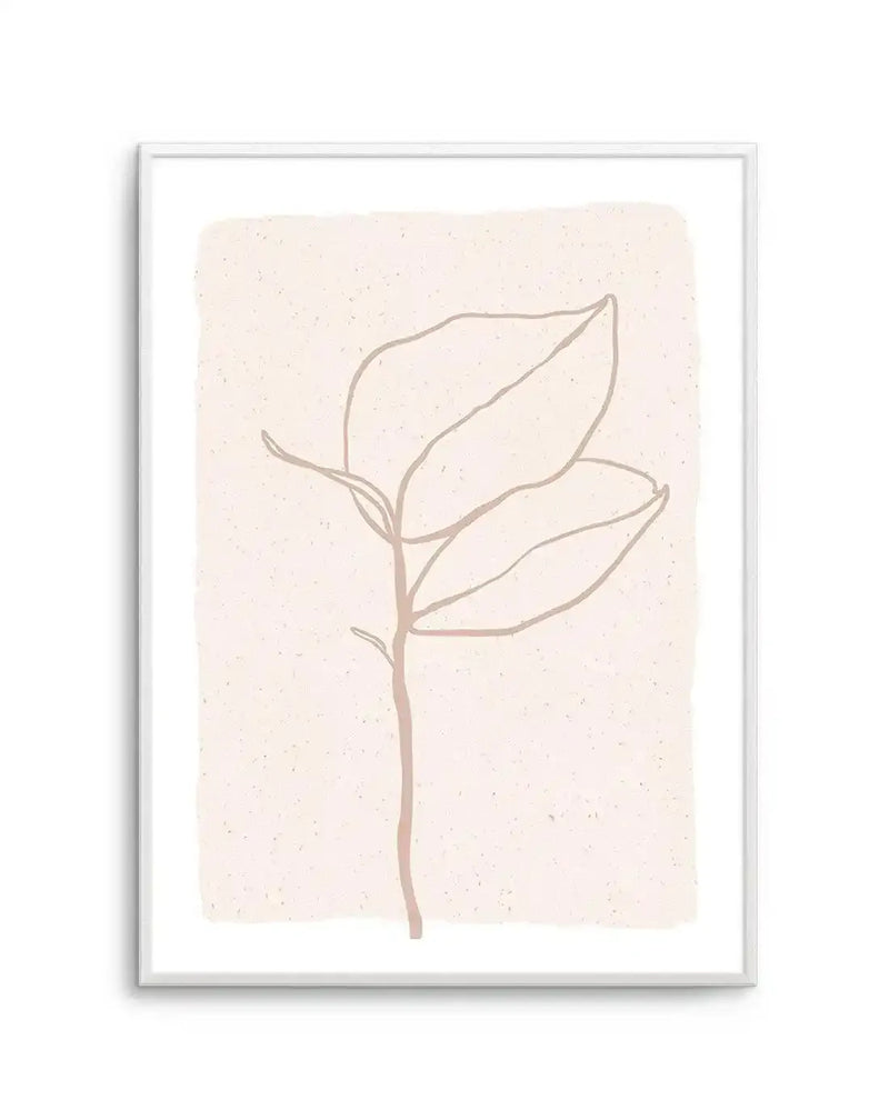 Botanical art print featuring a minimalist illustration of a plant with three large leaves and a slender stem, rendered in a soft, muted beige-pink line drawing on a textured light cream background, displayed in a white frame with a white border.